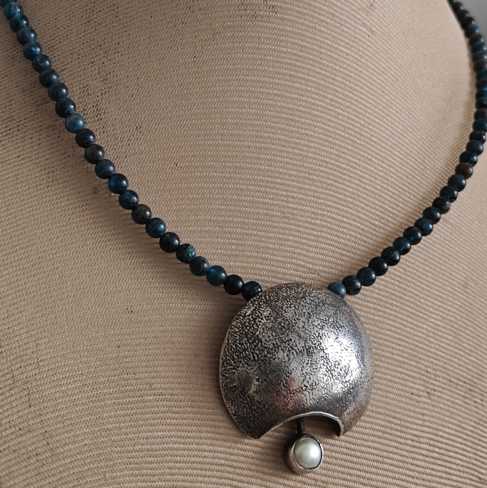 Modernist Sterling Silver and Genuine Apatite Beads Necklace Signed - Picture 10 of 15